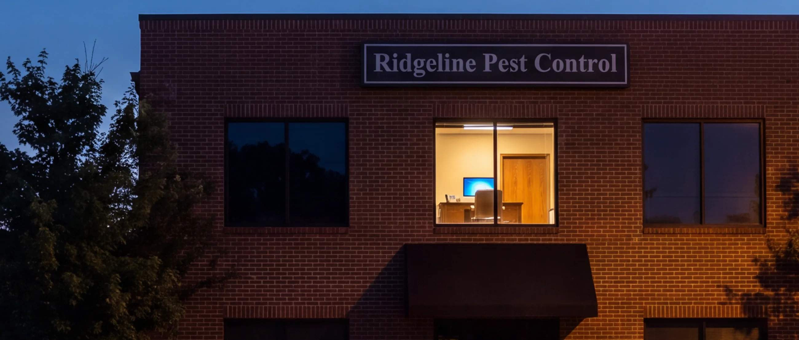 A pest control company office after closing time, one room still lit