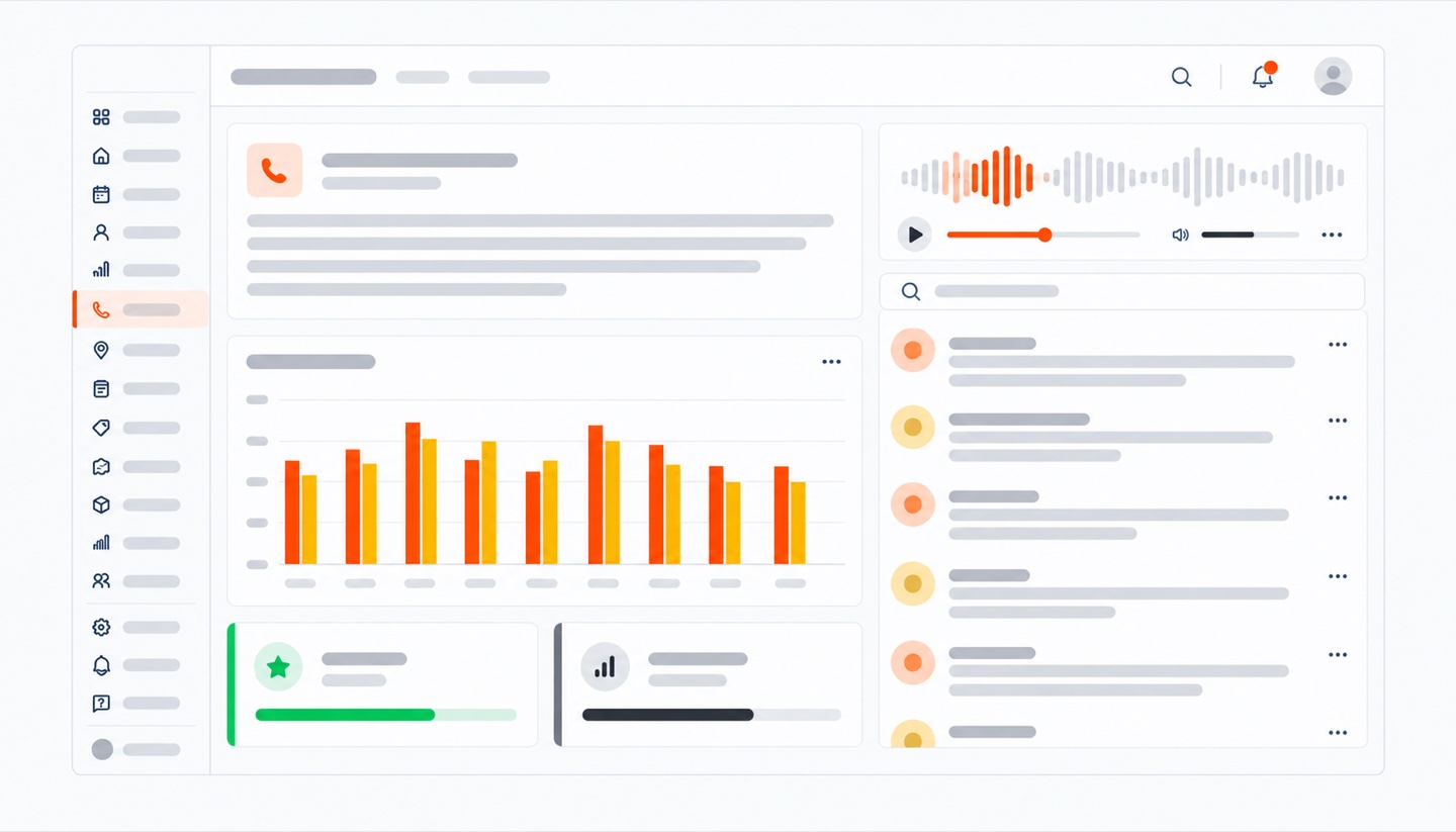 Solea's call view: a transcribed call with its recording, call volume over the week, and the day's call list