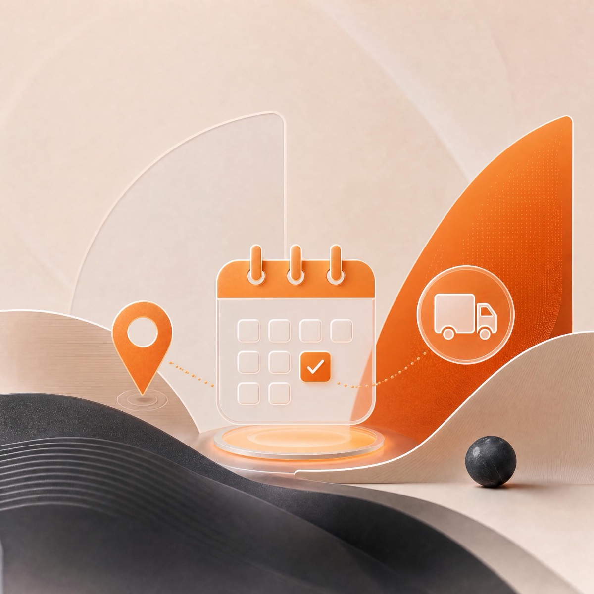 Abstract render of a calendar, map pin and delivery truck