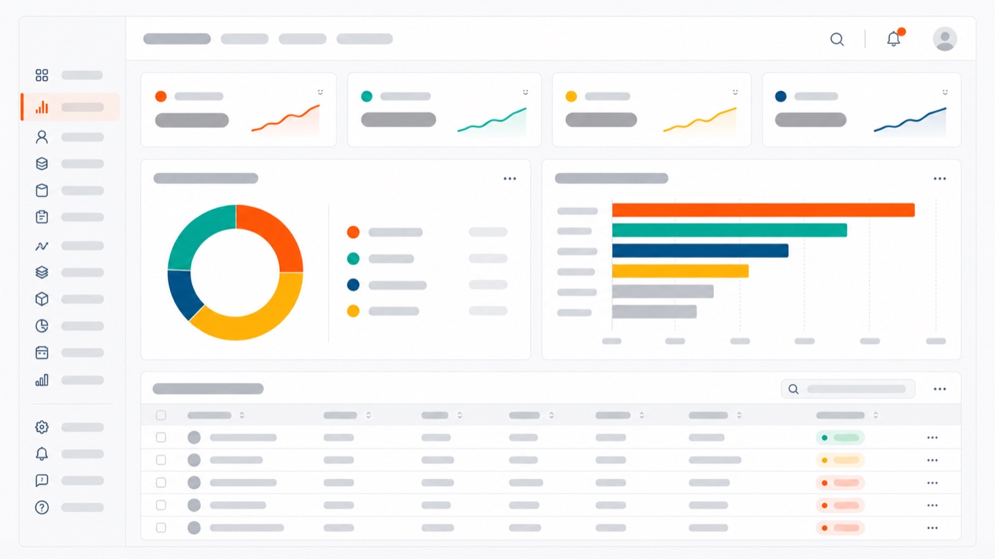 Solea's reporting dashboard: KPI tiles with trend lines, a revenue breakdown, a ranked bar chart and a sortable table