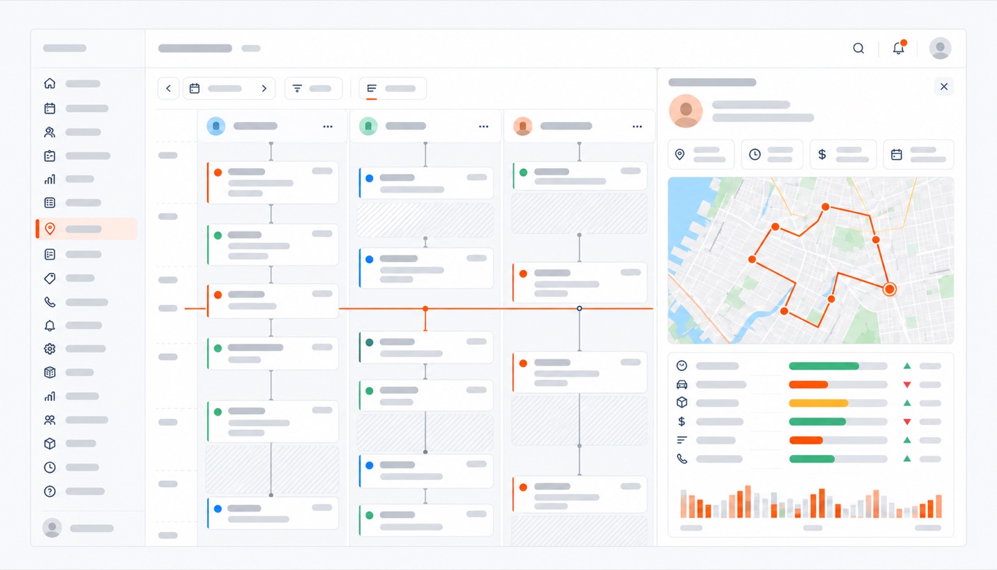 Solea's dispatch board: three technician columns of scheduled jobs beside a route map and per-technician figures