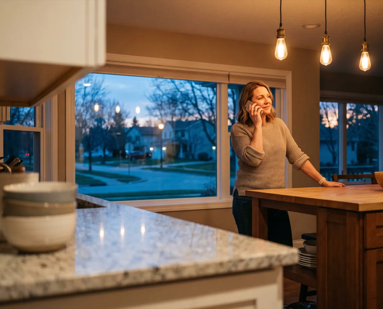 A homeowner on the phone in her kitchen after dark