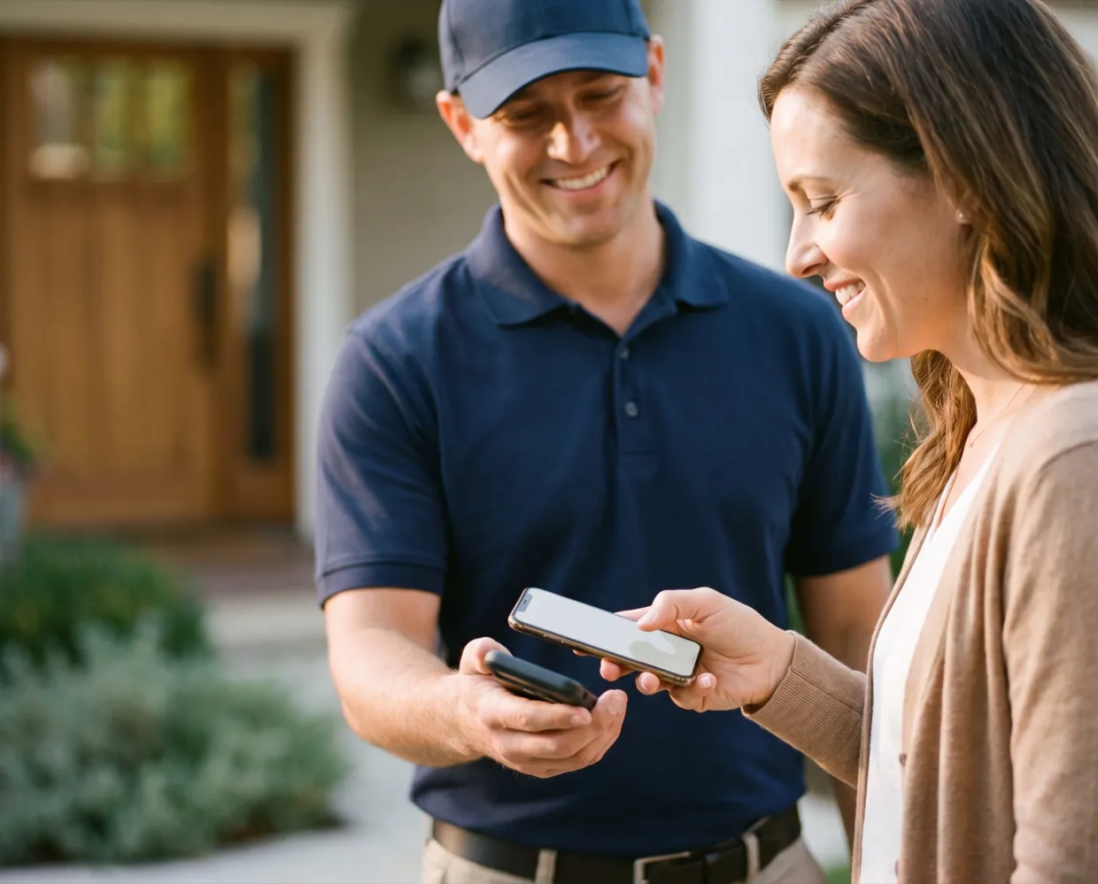 A homeowner paying with her phone at the door after a service visit