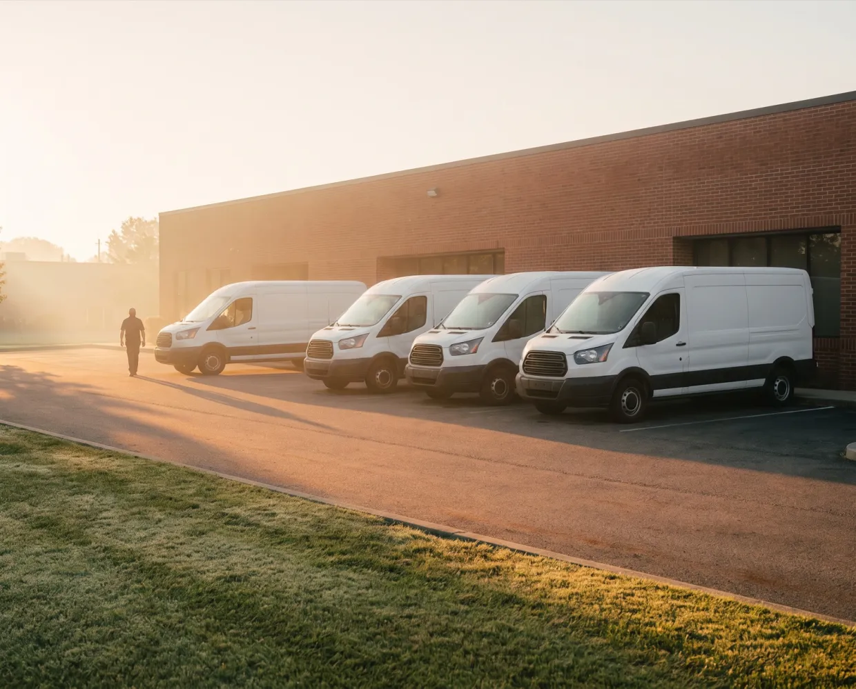 Service vans lined up outside a pest control office at sunrise