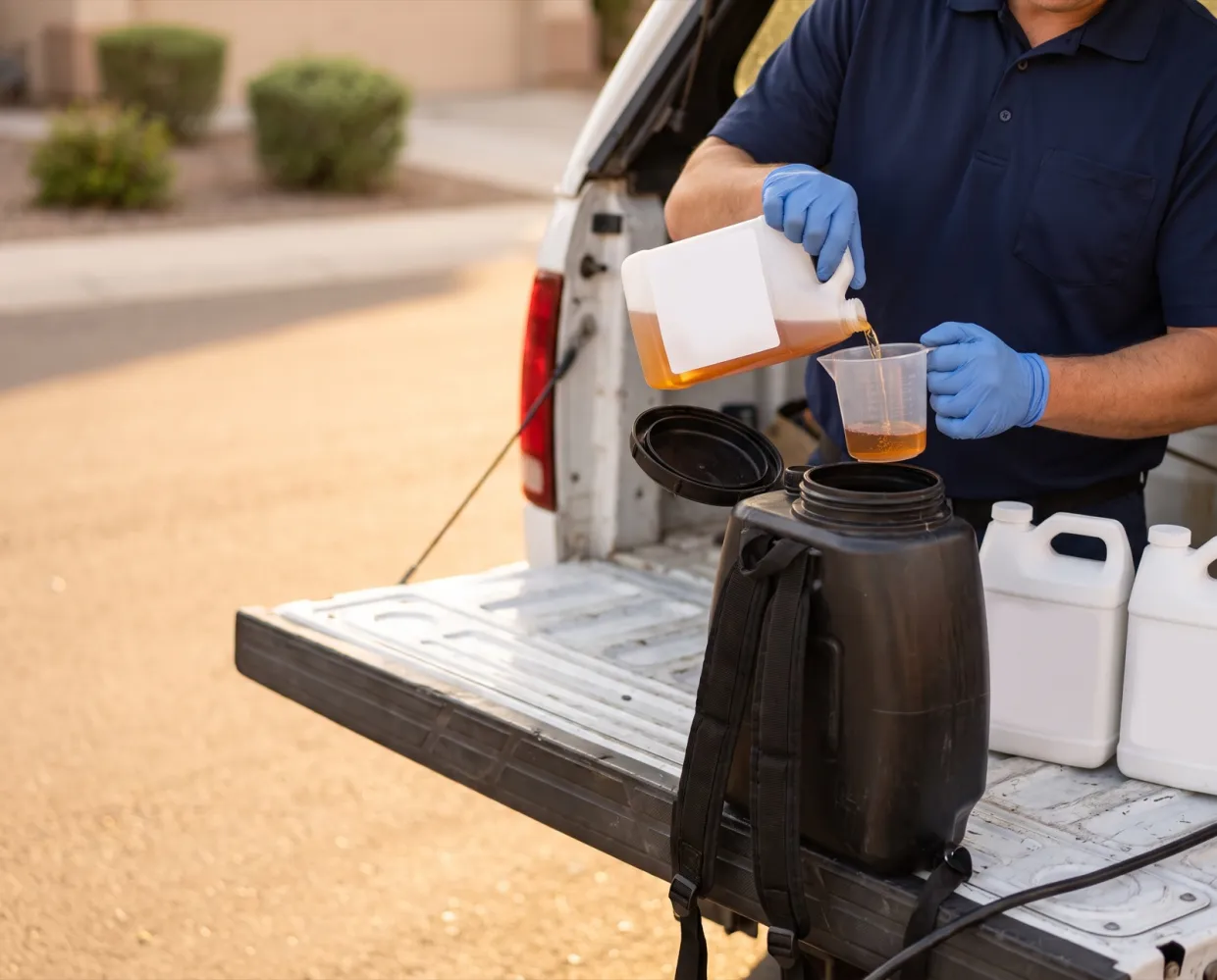 A technician measuring concentrate into a sprayer on a truck tailgate
