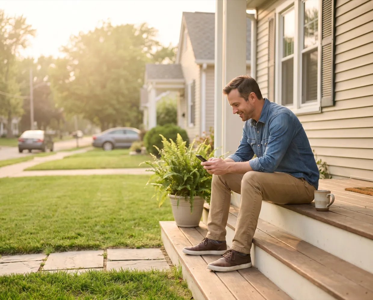 A homeowner checking his phone on his front steps