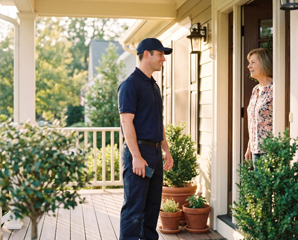 A technician talking with a homeowner at her front door