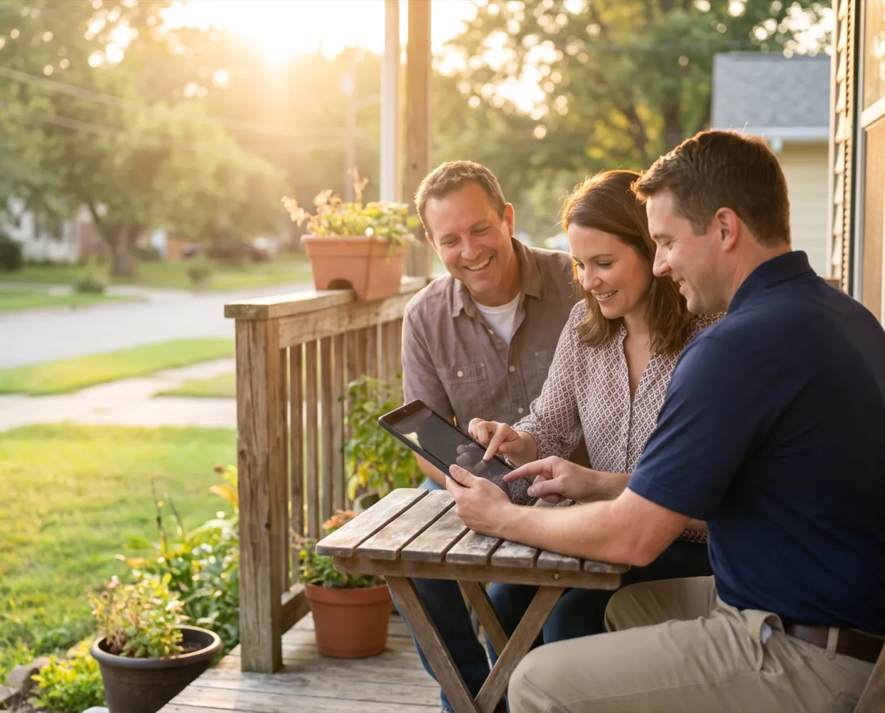 A couple signing a service agreement on a tablet with a sales rep