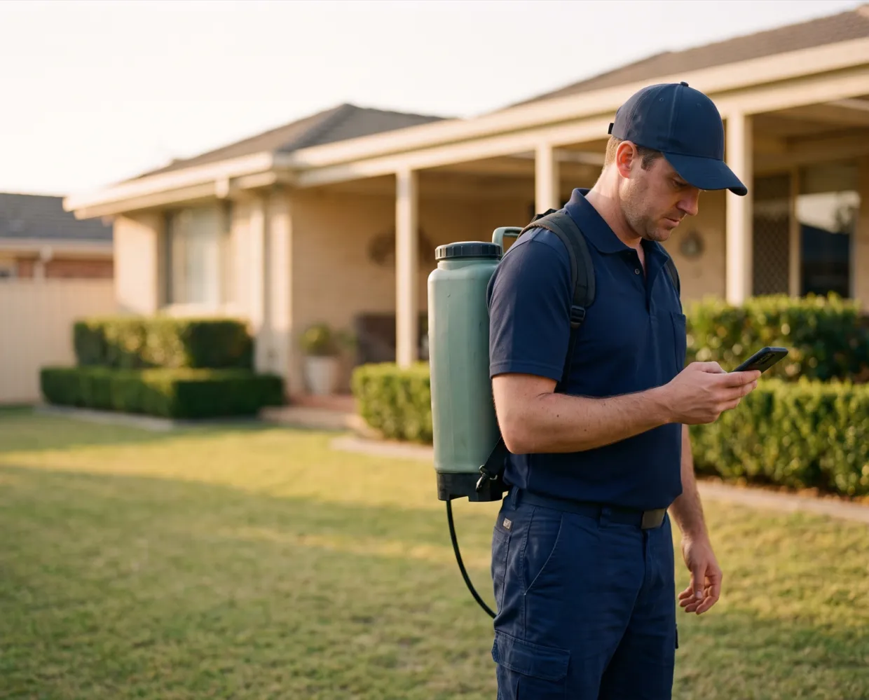 A technician with a backpack sprayer checking his phone in a backyard