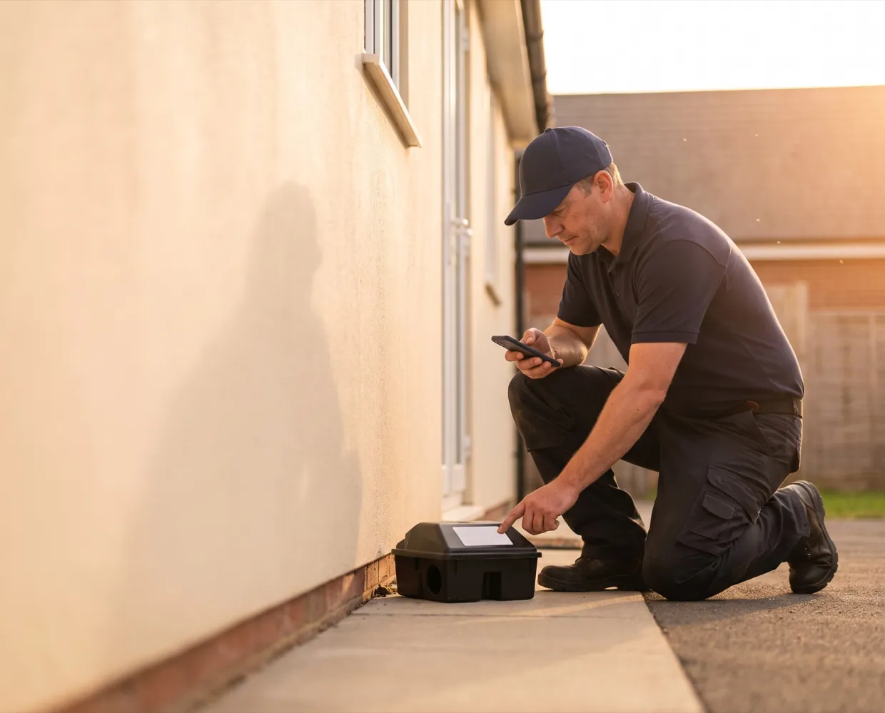 A technician scanning a rodent bait station behind a restaurant