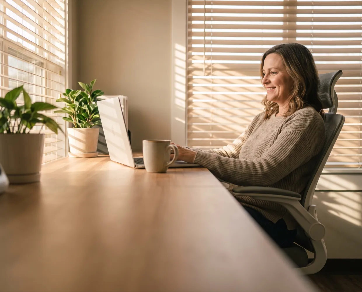 An office manager at a laptop in a sunlit office