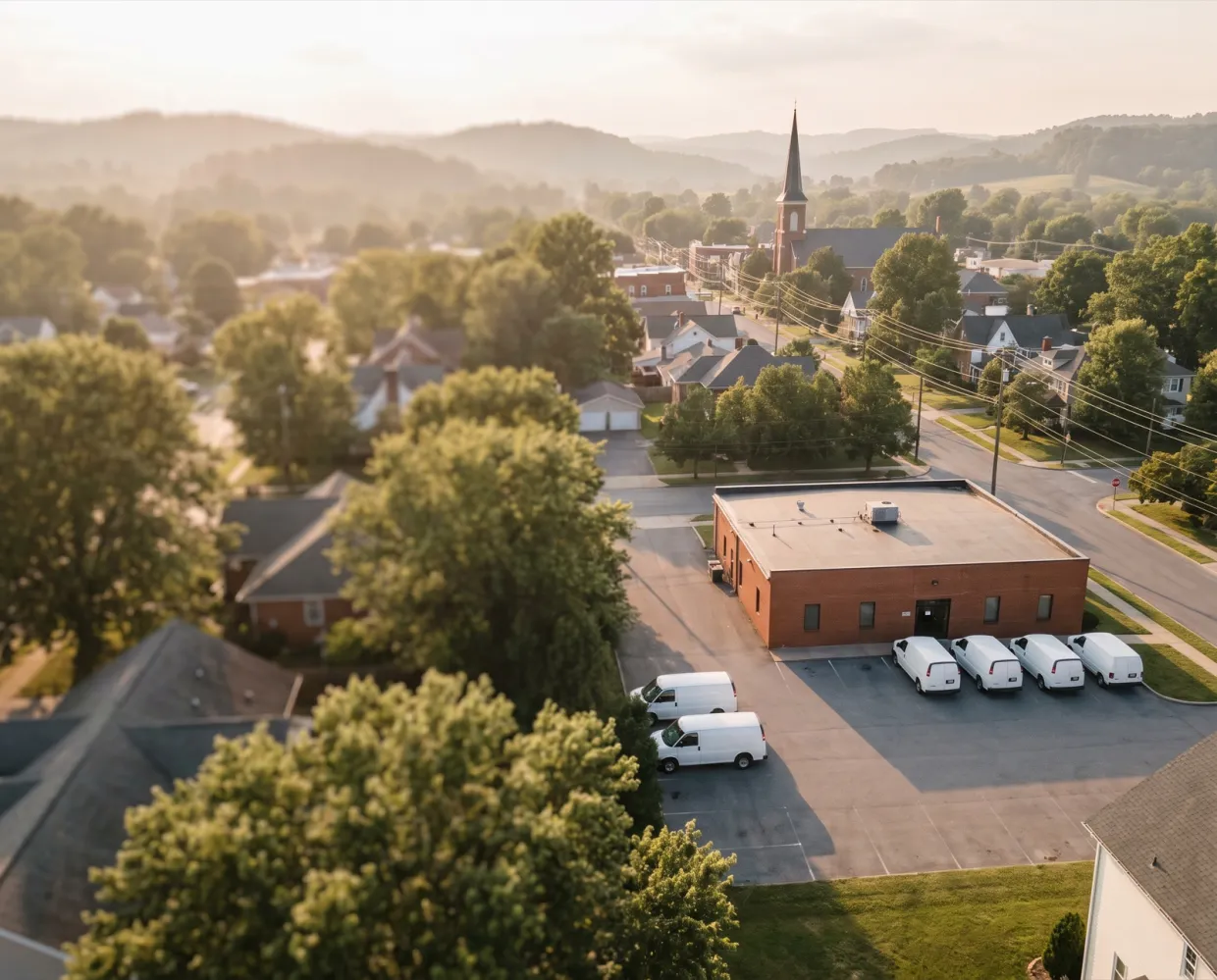 Aerial view of a pest control branch office in a small town