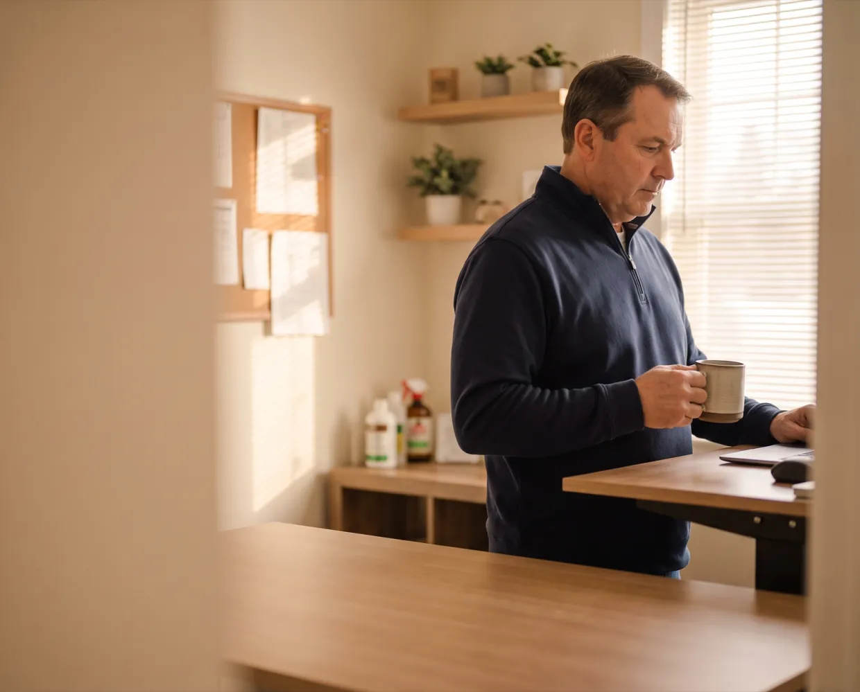 A pest control owner at his desk early in the morning