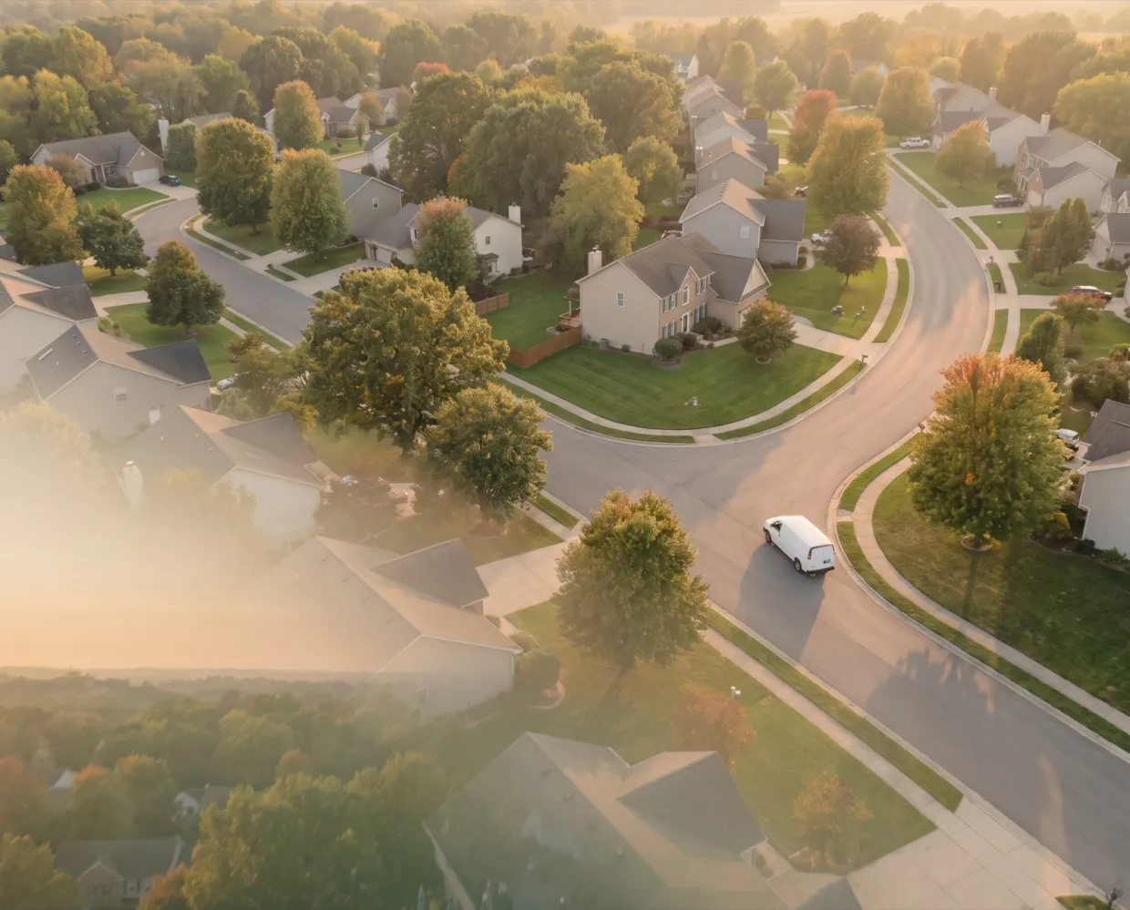 Aerial view of a suburban neighborhood with a service van on the road