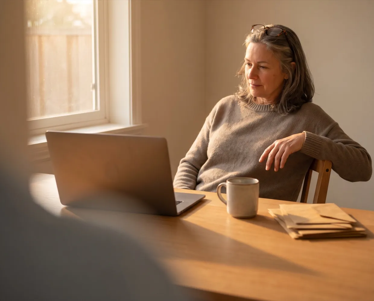 A billing lead relaxed at a tidy desk with a laptop and tea