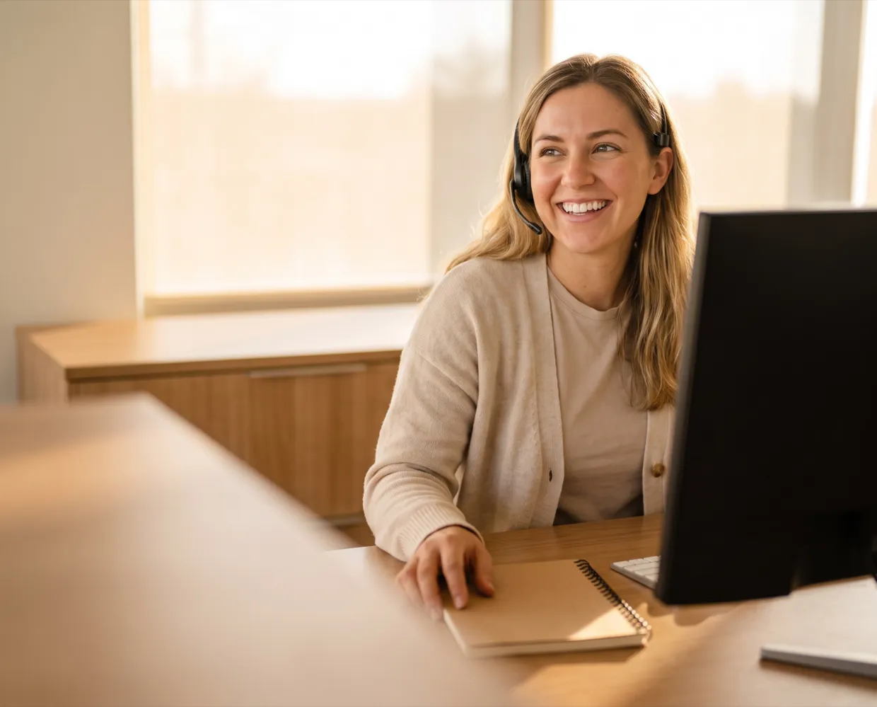 A customer service rep smiling on a call at her desk, wearing a headset