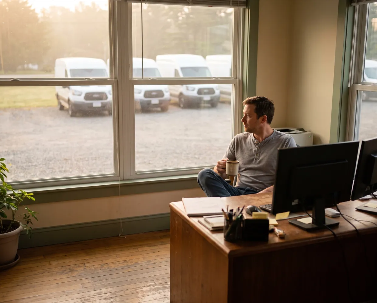 A dispatcher at his desk with coffee as the service vans leave the lot