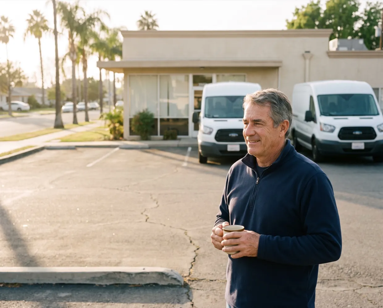 The owner of a pest control company outside his office at sunset, service vans behind him