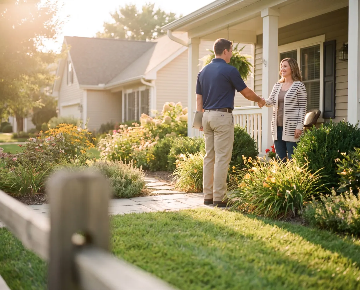 A sales rep shaking hands with a homeowner at her front door