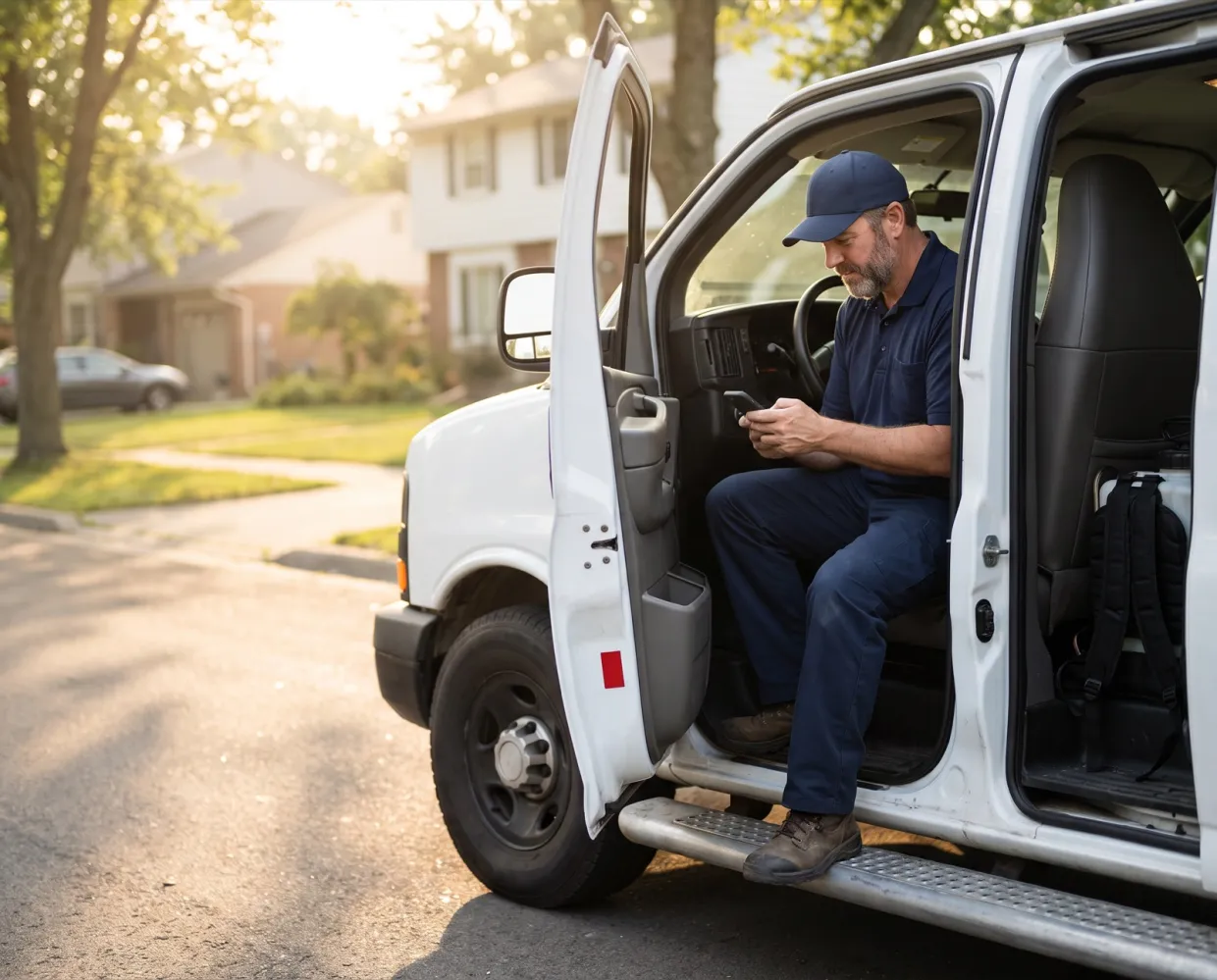 A technician checking his phone in the van between stops