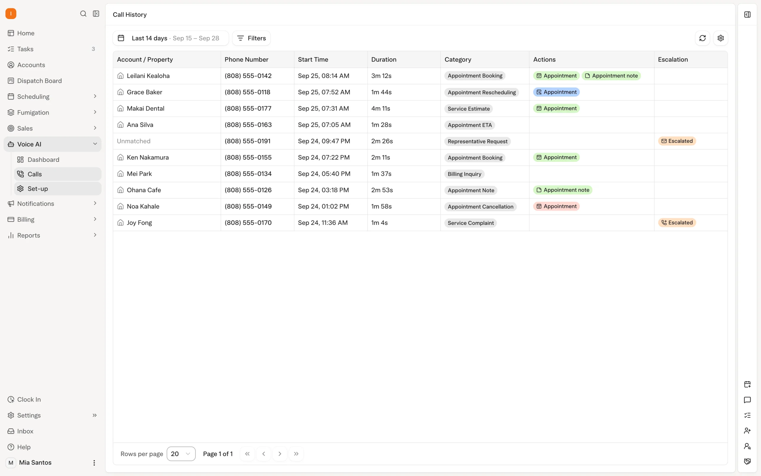 Solea app: Call History, with a booked call open showing its summary, actions and transcript (demo data)