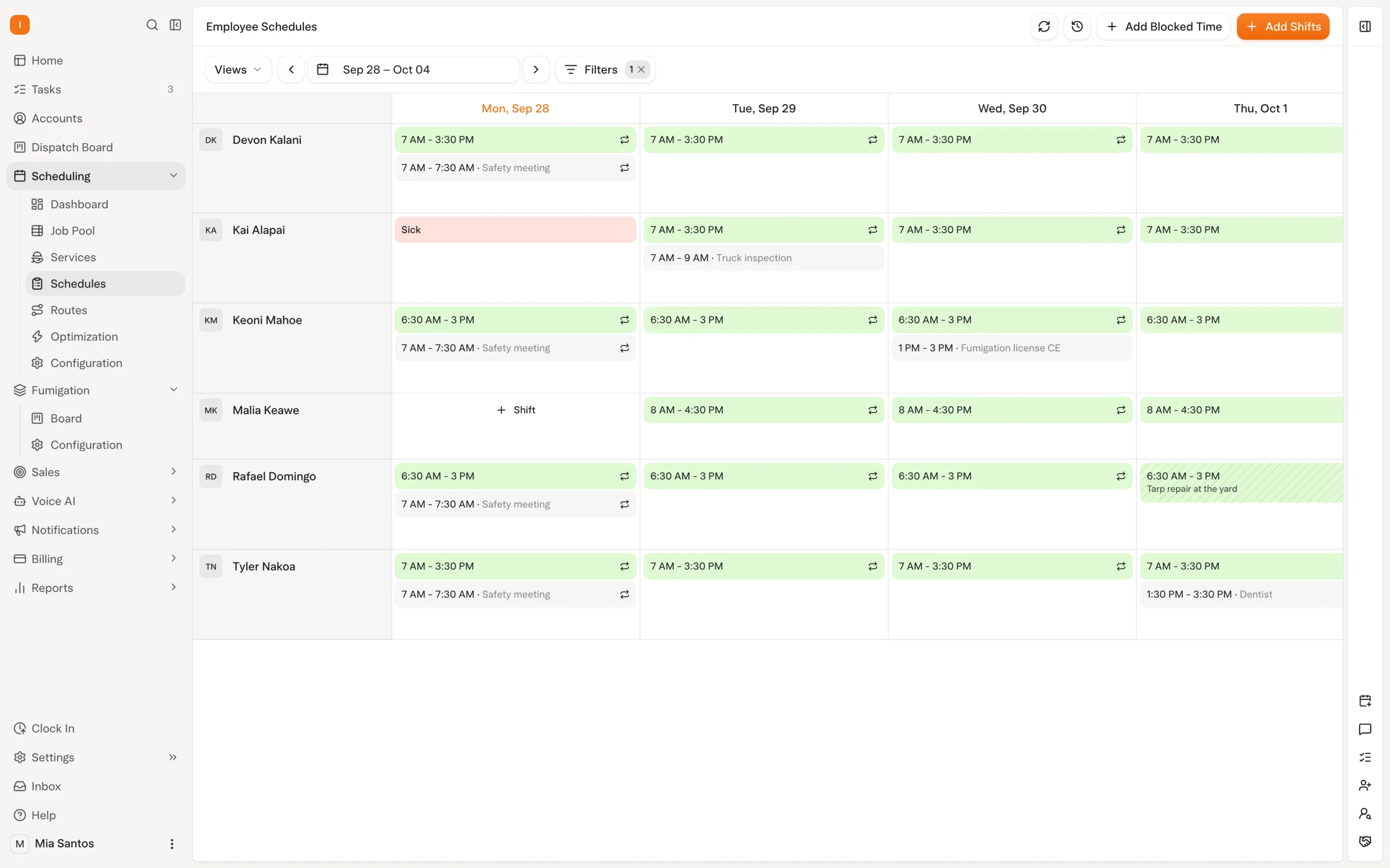 Solea app: the Fumigation Board, with booked, held and open slots for each fumigation schedule (demo data)