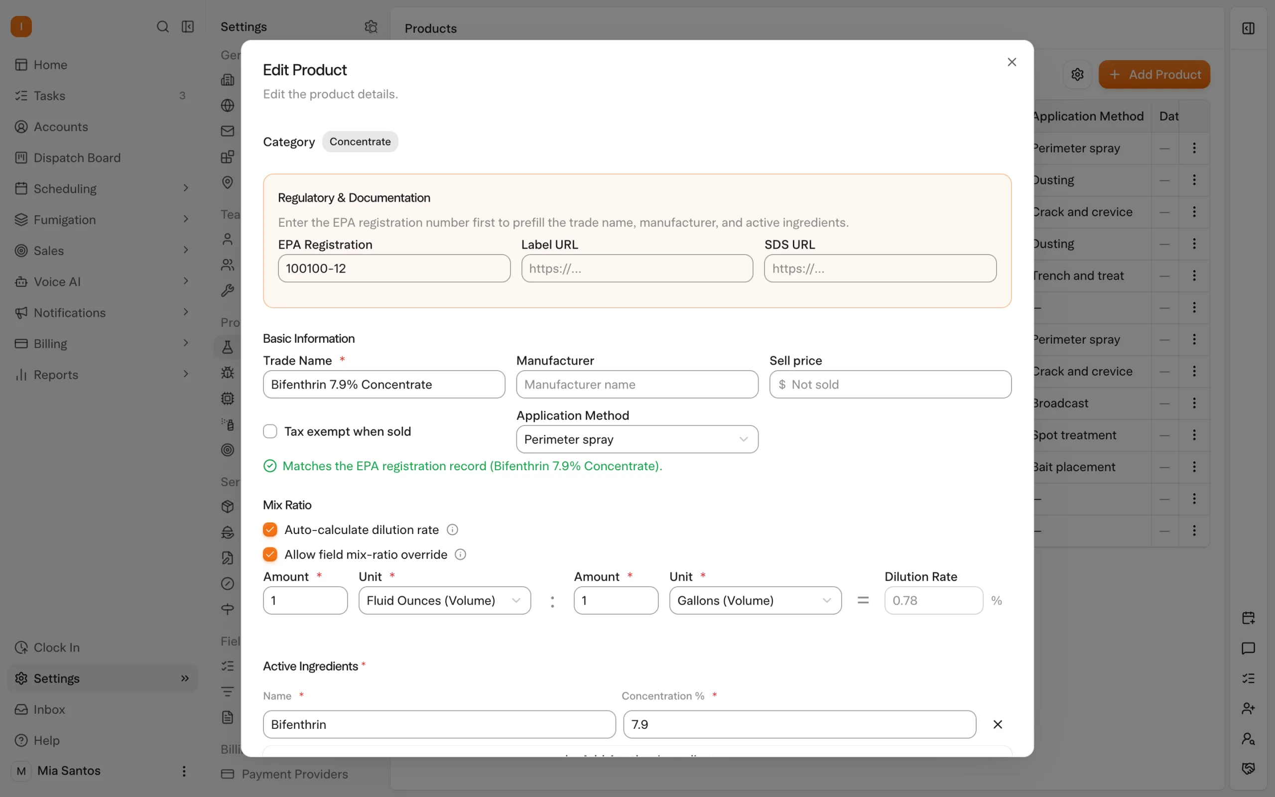 Solea app: an appointment’s field report listing the products used and how much (demo data)