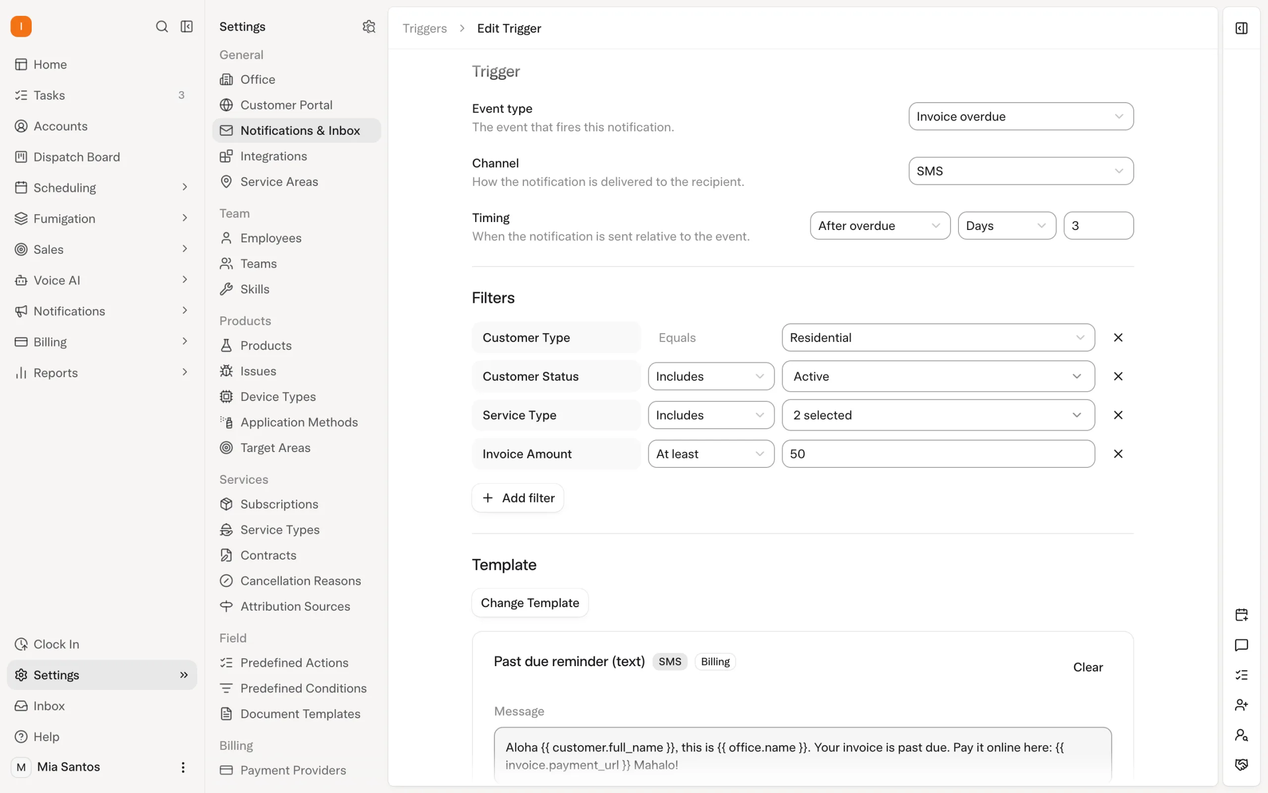 Solea app: Reports › Billing › AR Aging, with open and overdue balances by age and the top overdue accounts (demo data)