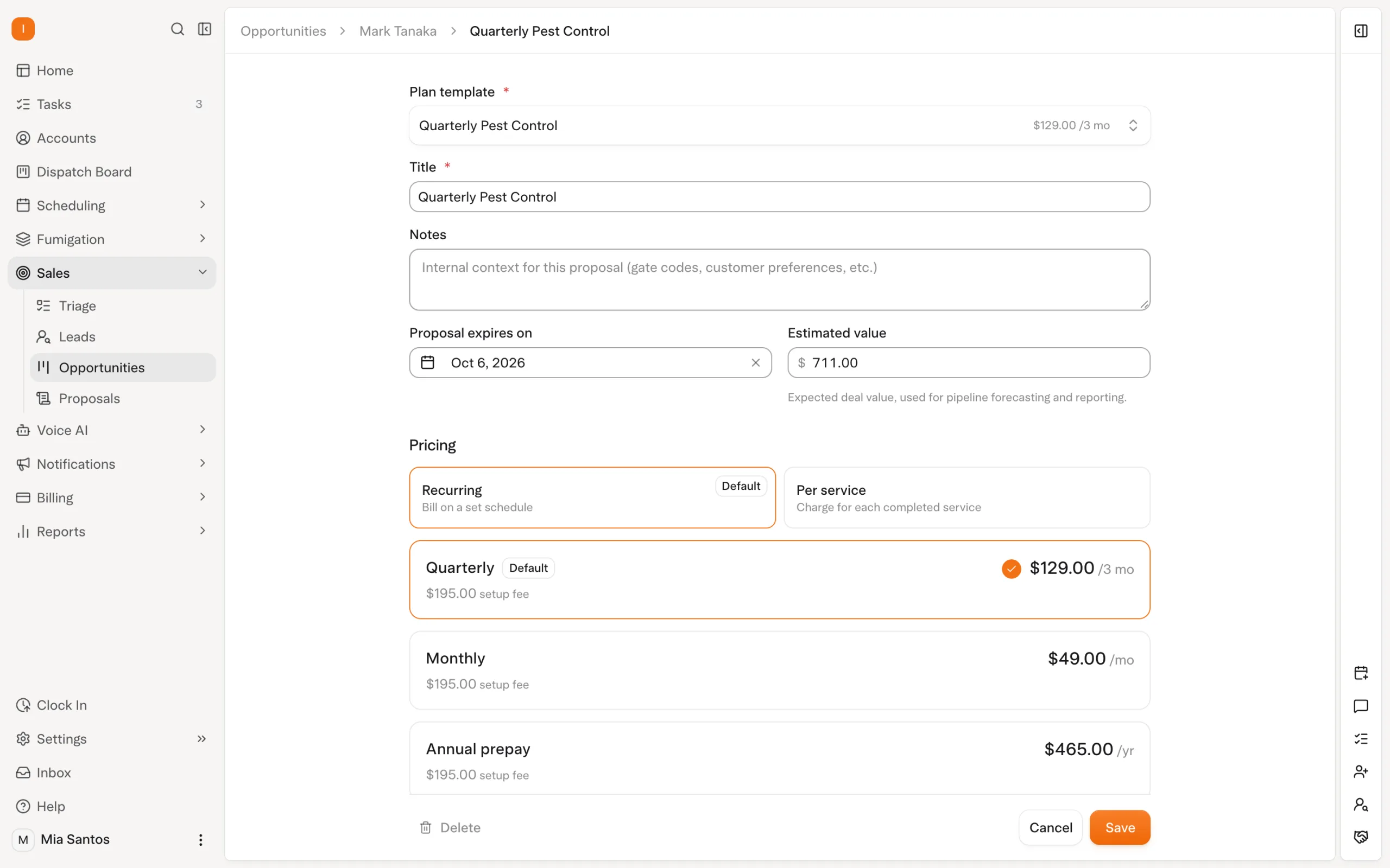 Solea app: an opportunity marked Won, with its accepted quarterly pest control proposal (demo data)