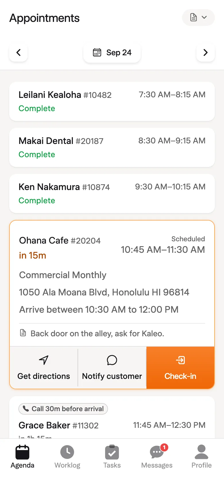 Solea technician app: today’s agenda (demo data)