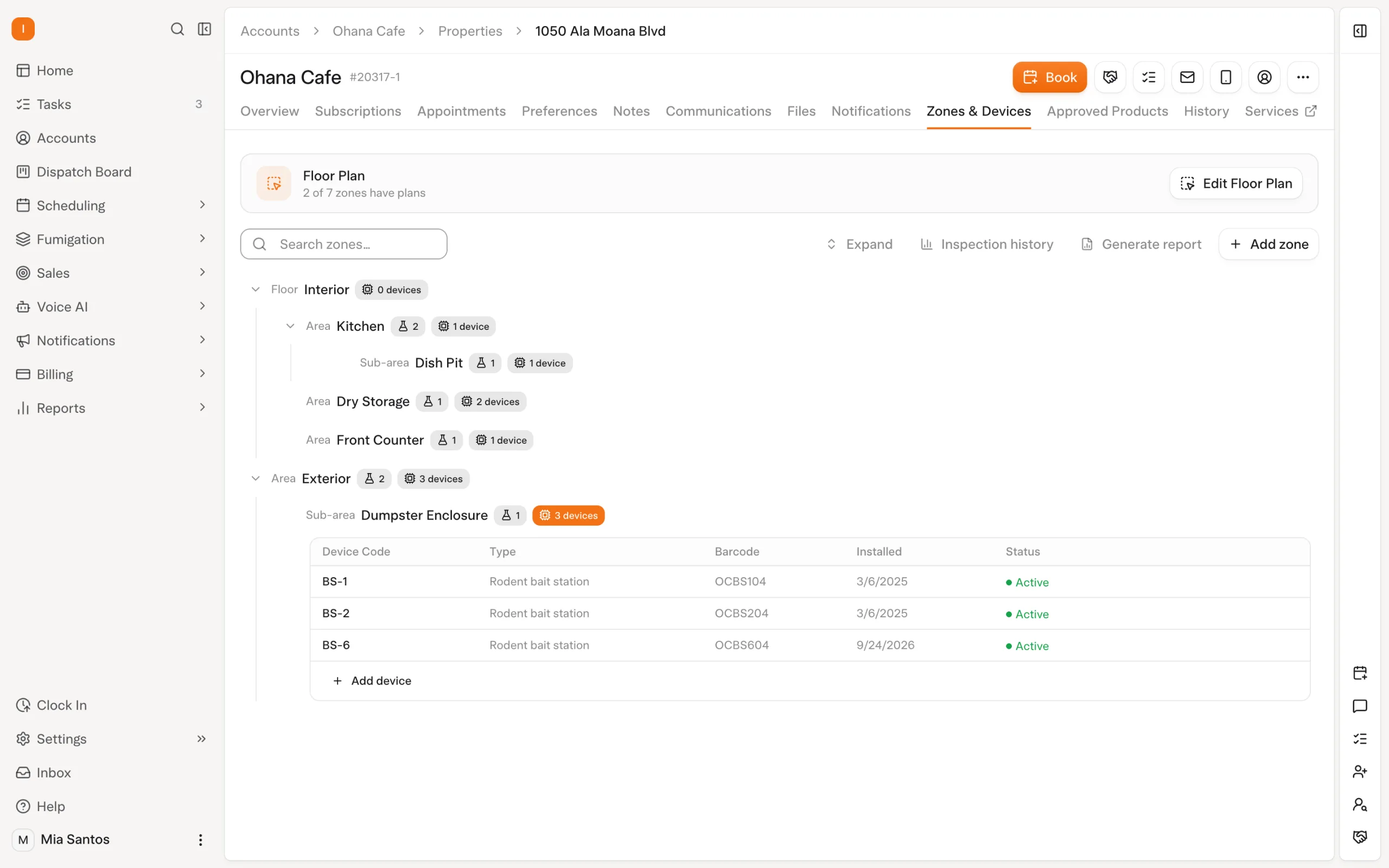 Solea app: an appointment’s field report listing each device’s inspection result (demo data)