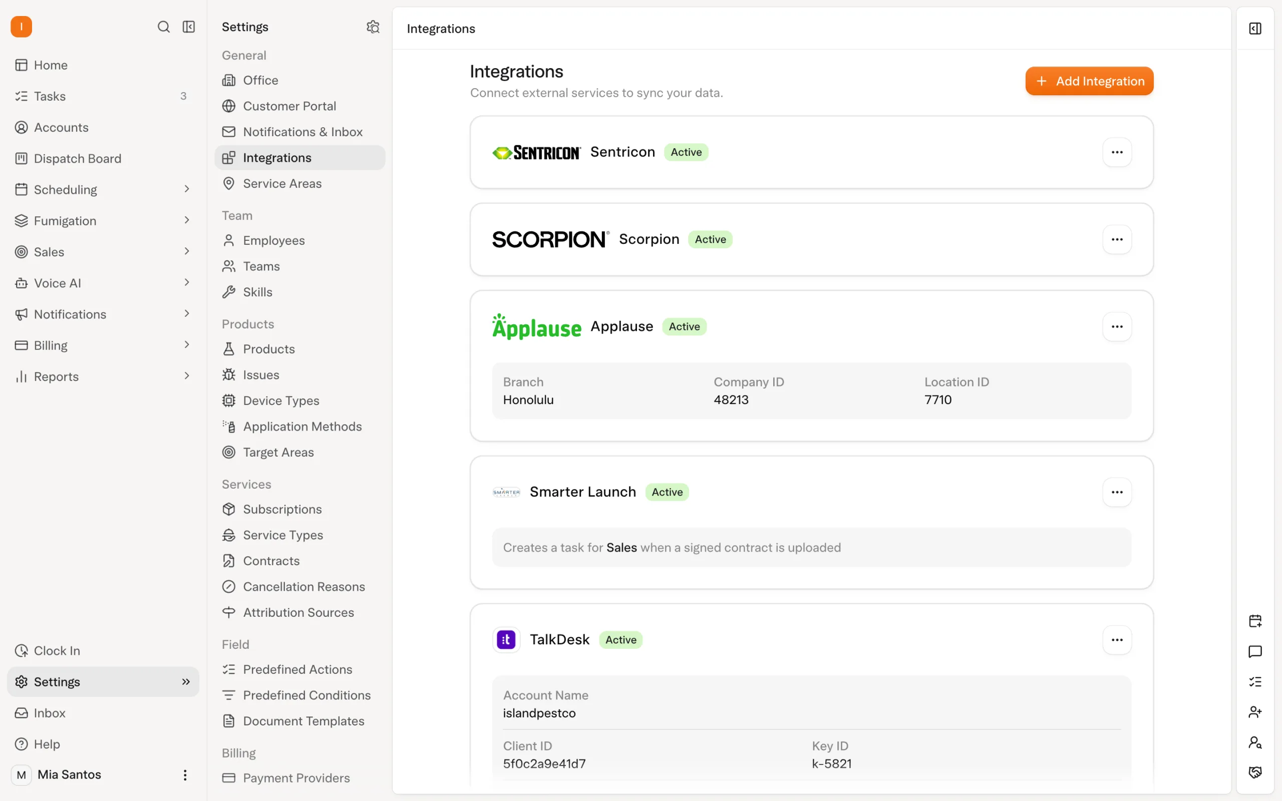 Solea app: Settings › Integrations with Sentricon, Scorpion, Applause, Smarter Launch and TalkDesk active (demo data)