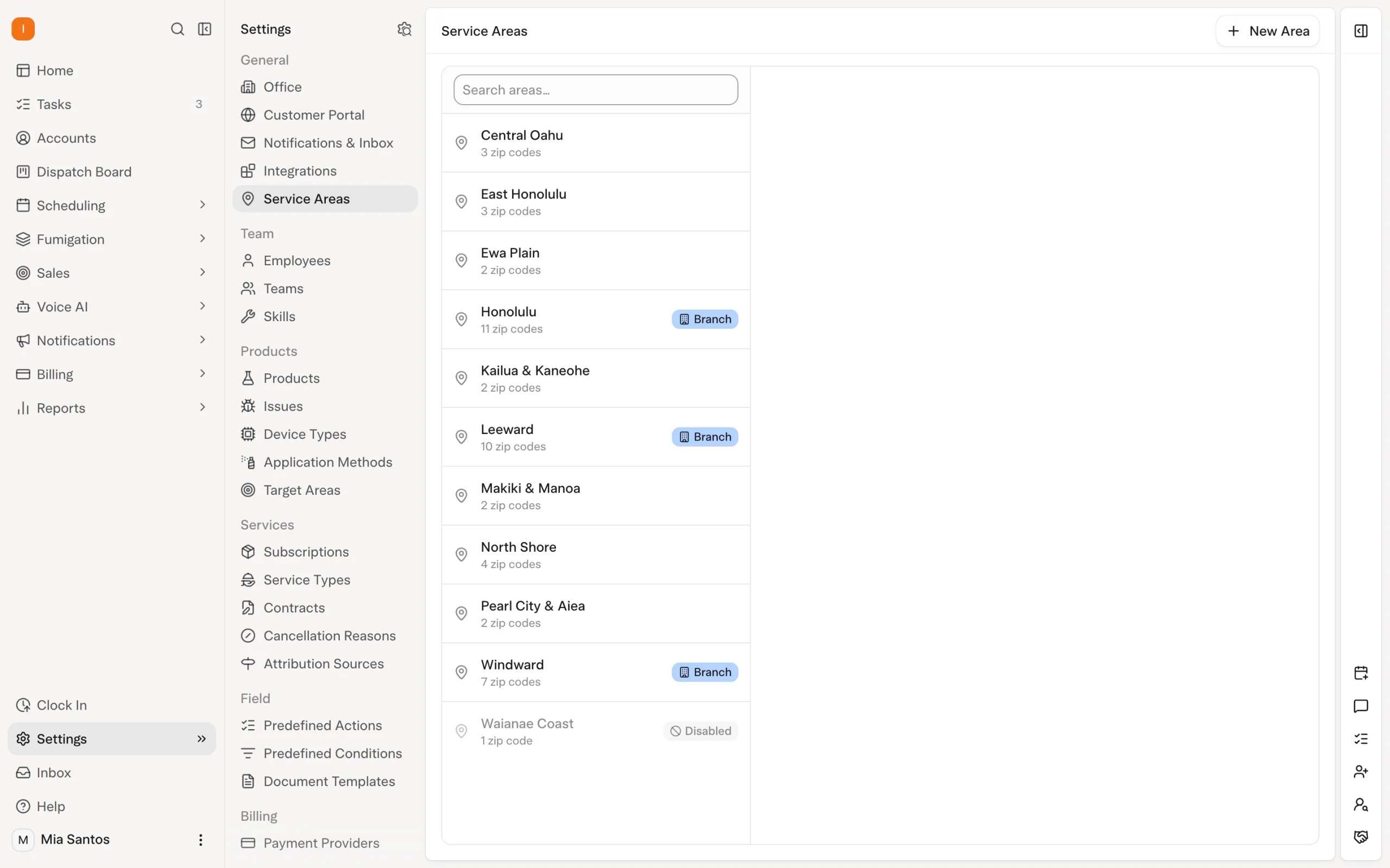 Solea app: Settings › Service Areas with three branches and one branch’s letterhead details (demo data)